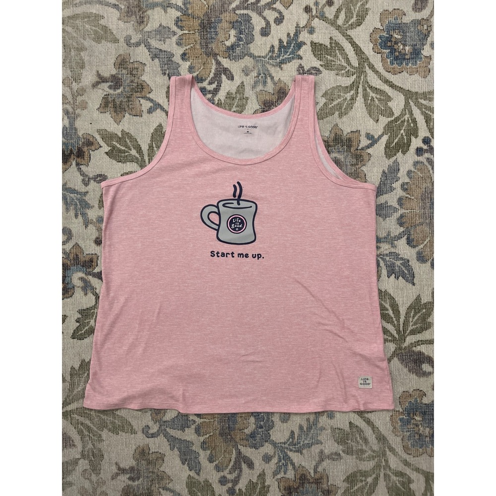Life is Good Tank Top Womens Medium Pink Excellent Start Me Up Coffee Mug Top